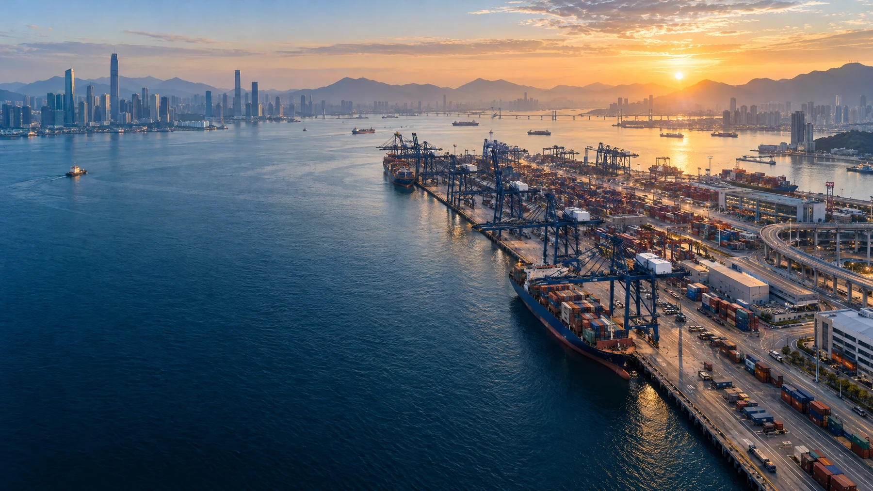International trade harbor and manufacturing port panorama